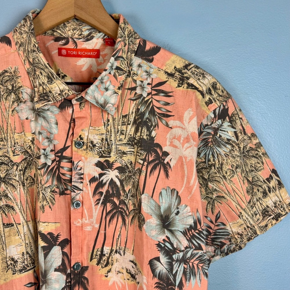 Tori Richard Womens Large Orange Tropical Palm Tree Hibiscus Button Up Shirt